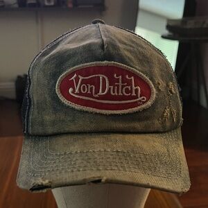 Vintage Von Dutch Trucker Hat, Denim Distressed, Red Patch, Early 2000s